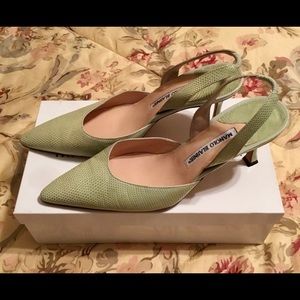 Manolo Blahnik kitten heels in green snake print